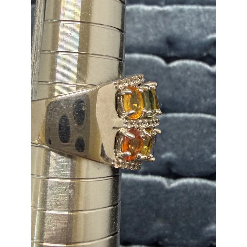 Multi Gemstone Rainbow Ring Wide Band Oval Cut 925 Yellow Blue Orange Green Sz 7